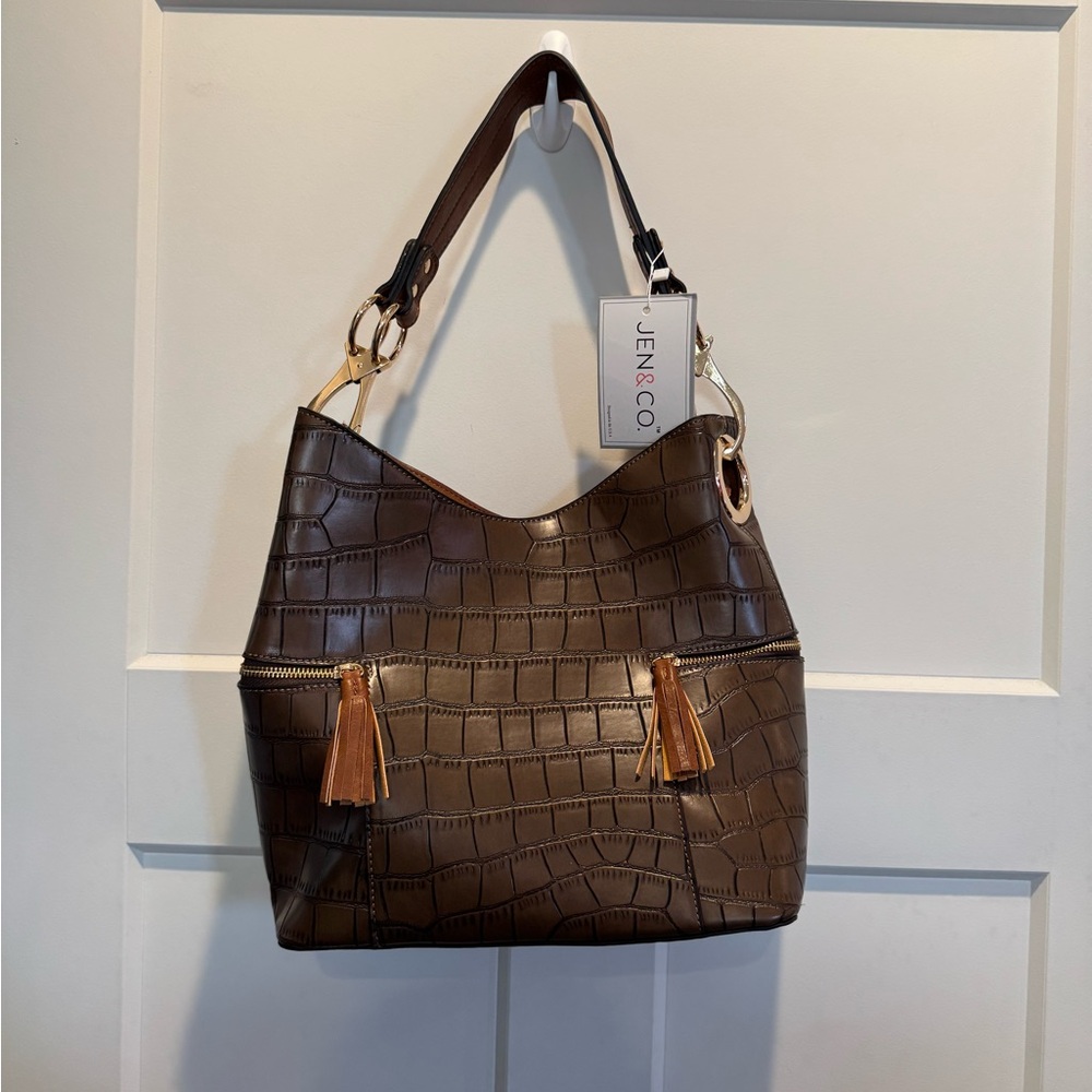 NWT Jen & Co. Chocolate Croc-Embossed Hobo Bag